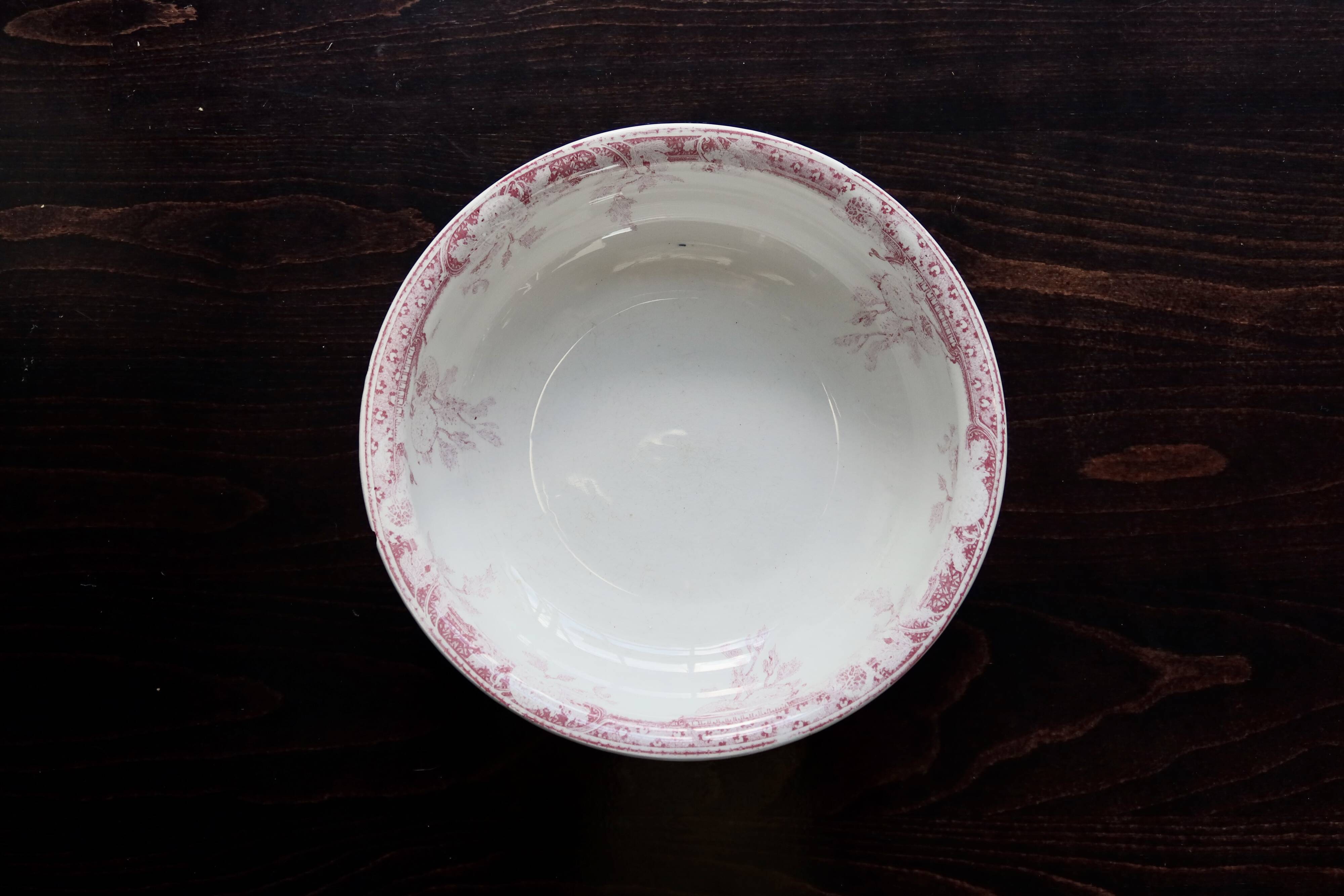 Antique Lunéville earthenware basin/salad bowl, Printanier pattern, red