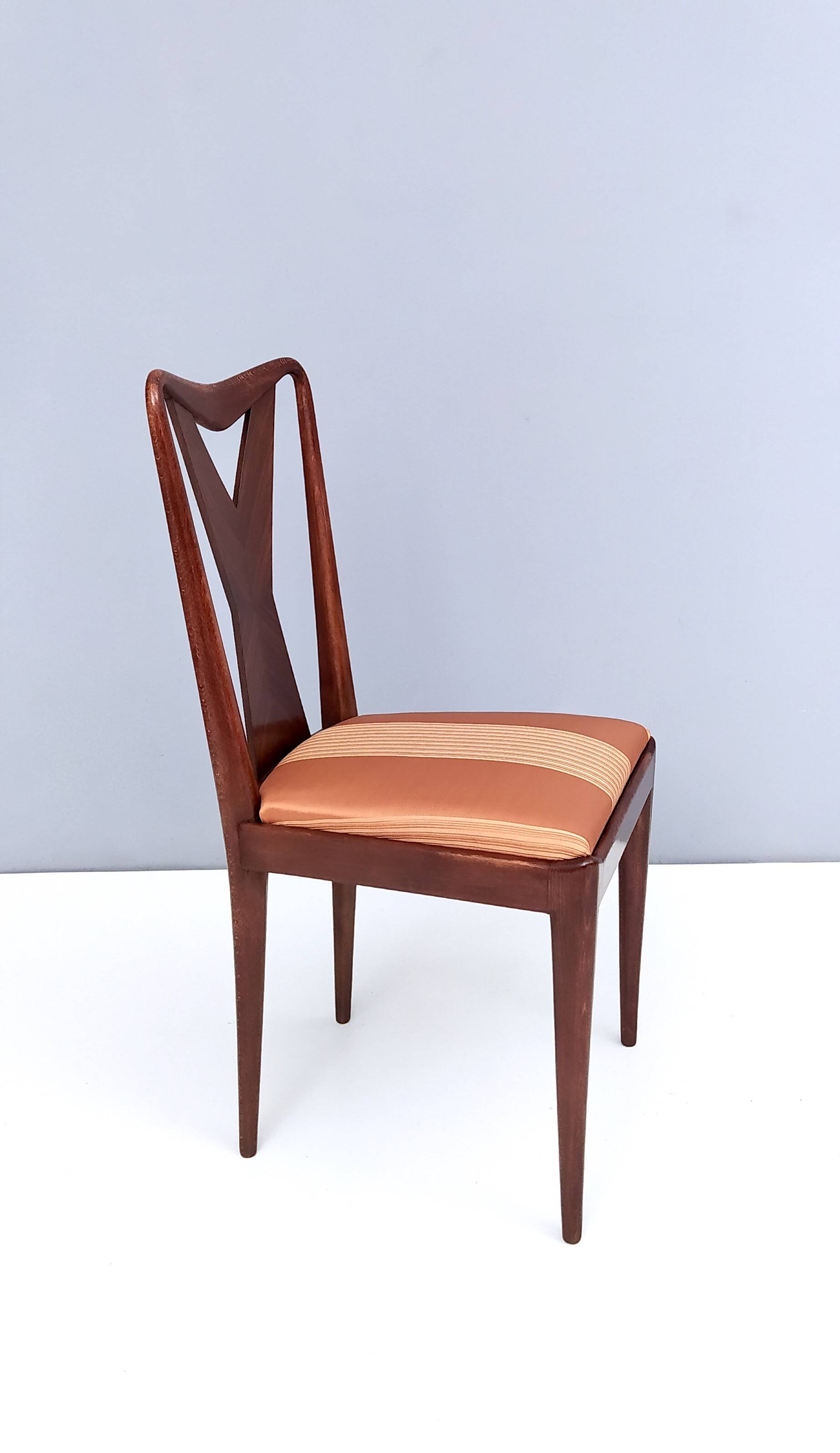 Set of Six Walnut Dining Chairs with Orange Fabric in the Style of Parisi
