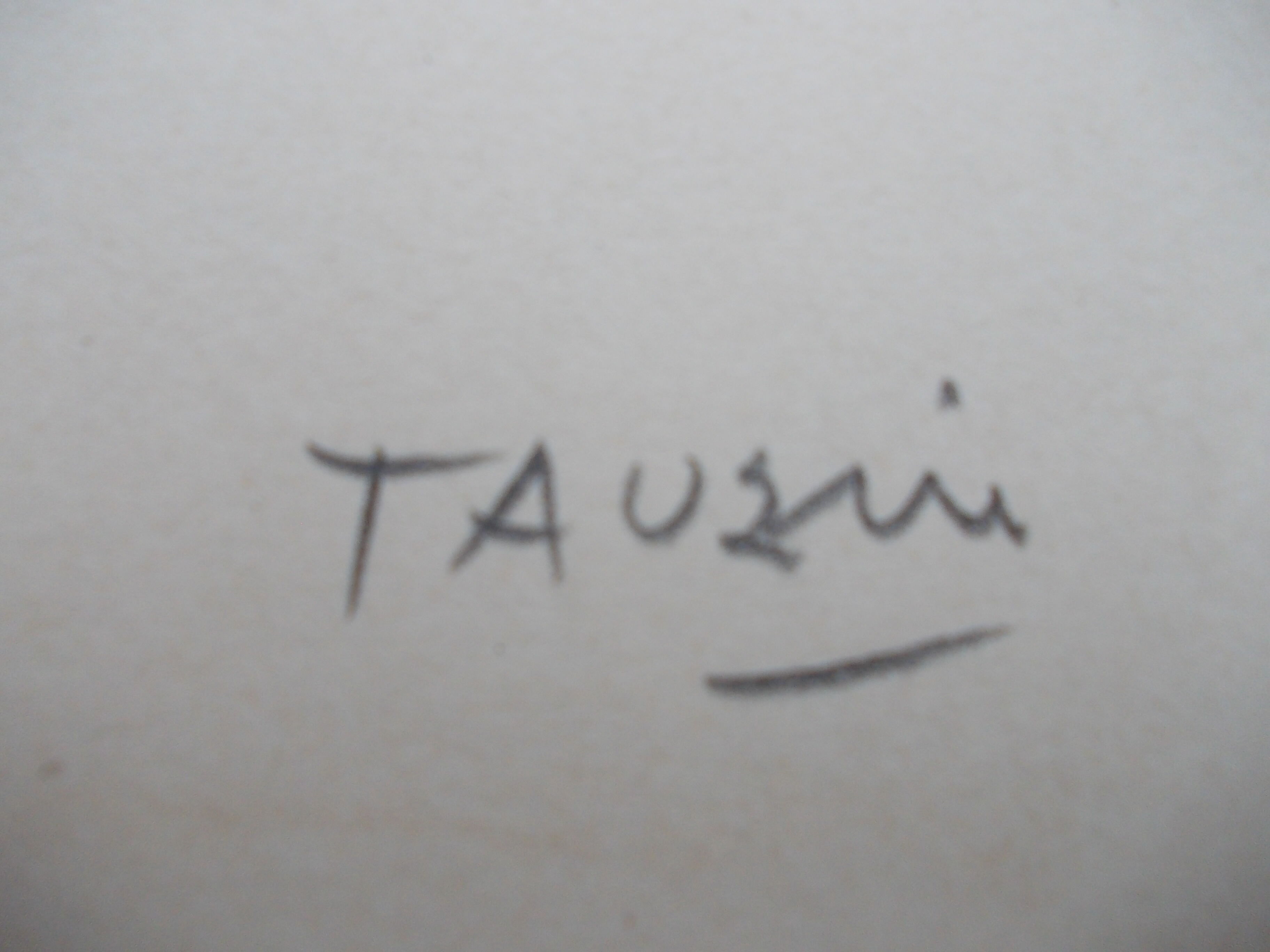 Drawing signed tauzin mario: regard chien au repos, black pencil original 1970s, charcoal