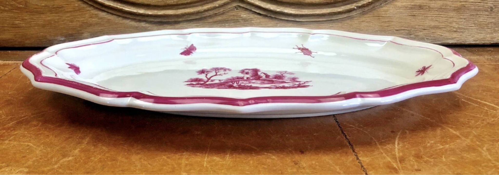 Old oblong oval dish 41.5 x 27 Gien model landscape pink 1938/1960