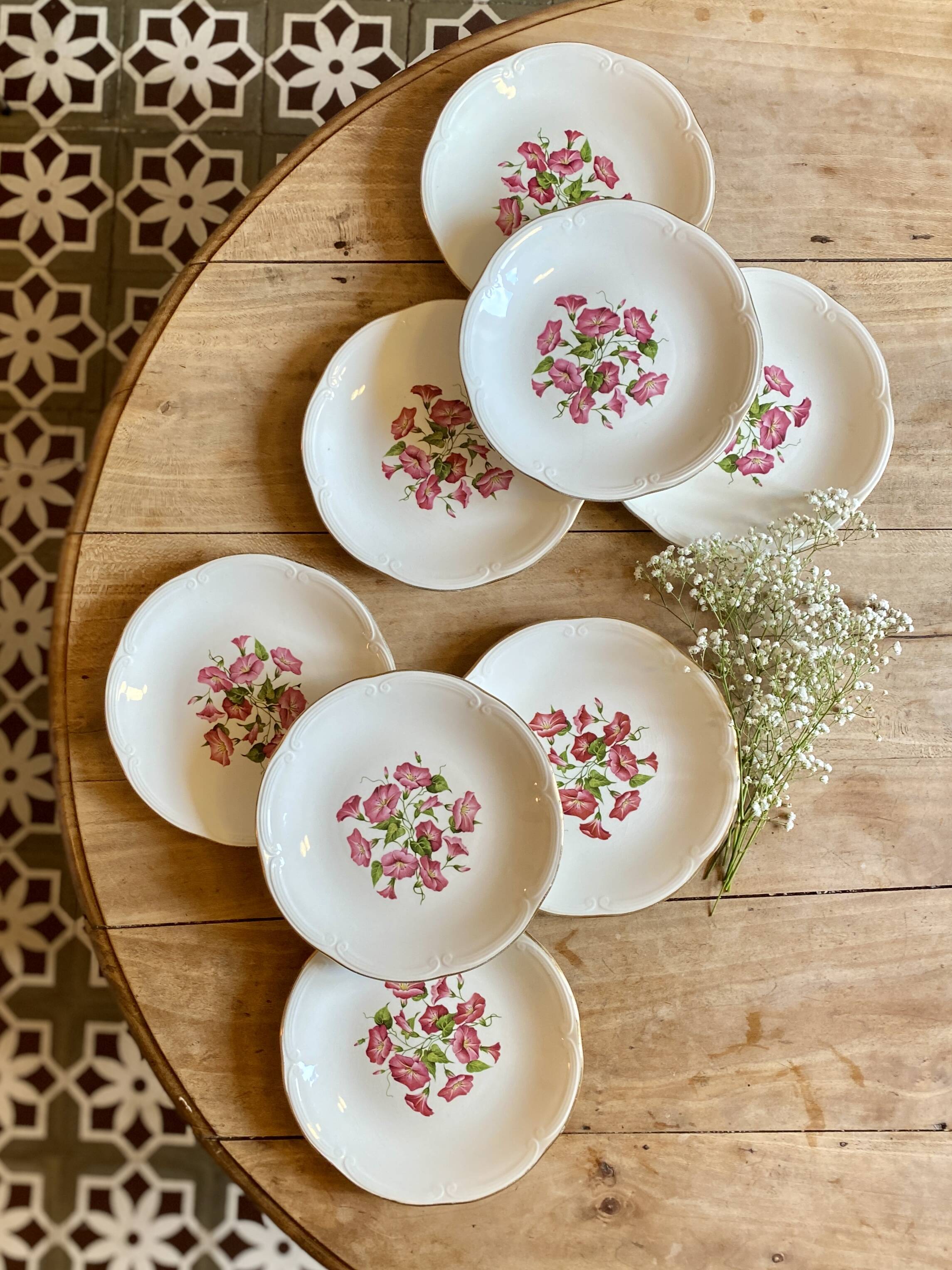Set of 8 vintage flat plates model Liserons roses de Gien