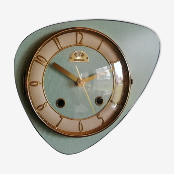 Horloge formica vintage murale silencieuse asymétrique "FFR Morbier bleu vert"