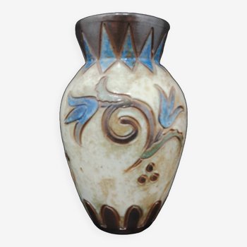 Vase en grès de Bouffioulx signé Dubois décor floral vintage