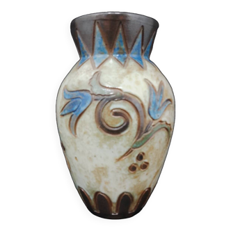 Bouffioulx stoneware vase signed Dubois with vintage floral decoration