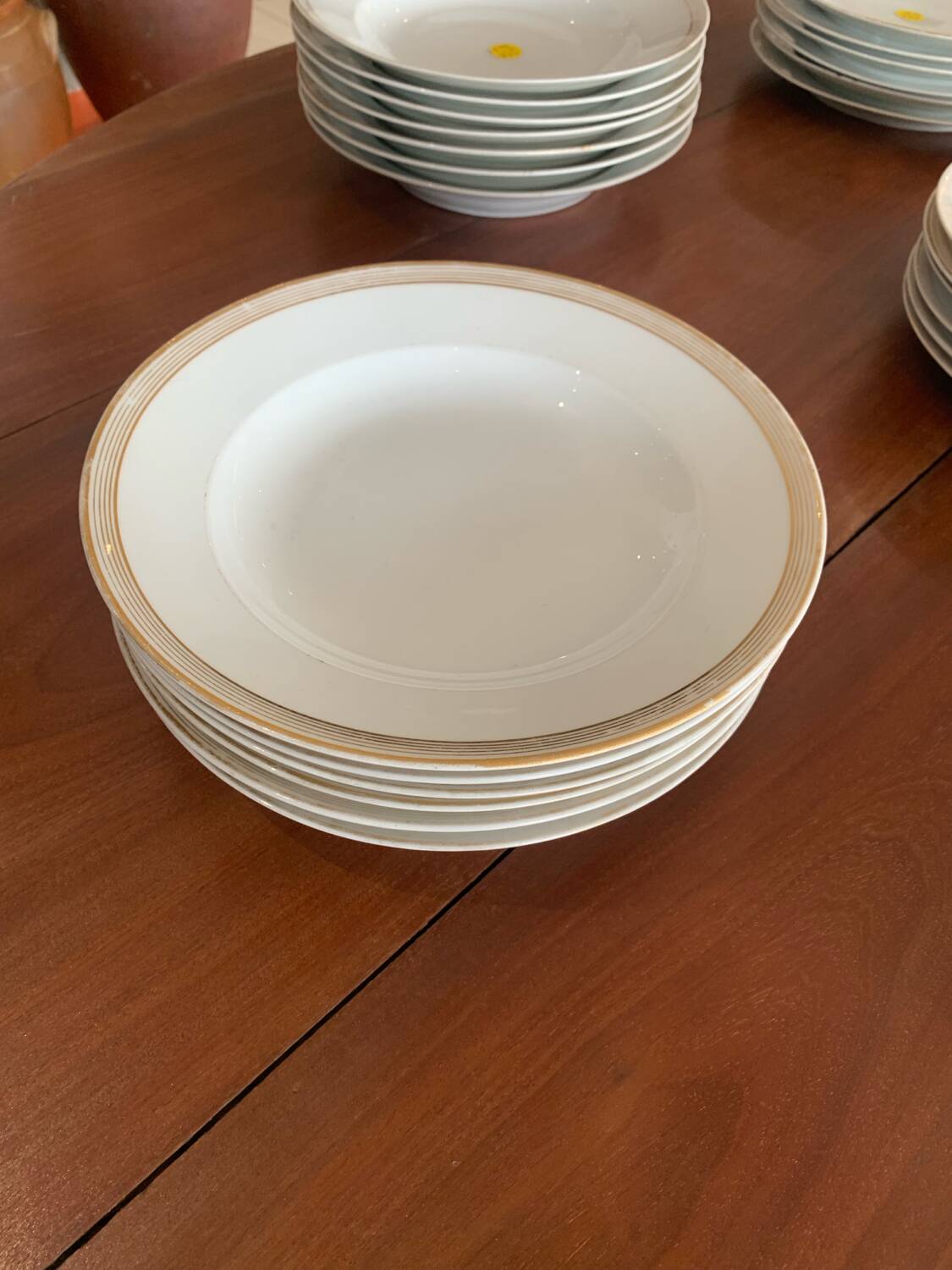 Lot of six soup plates, old, crockery, white, gilded
