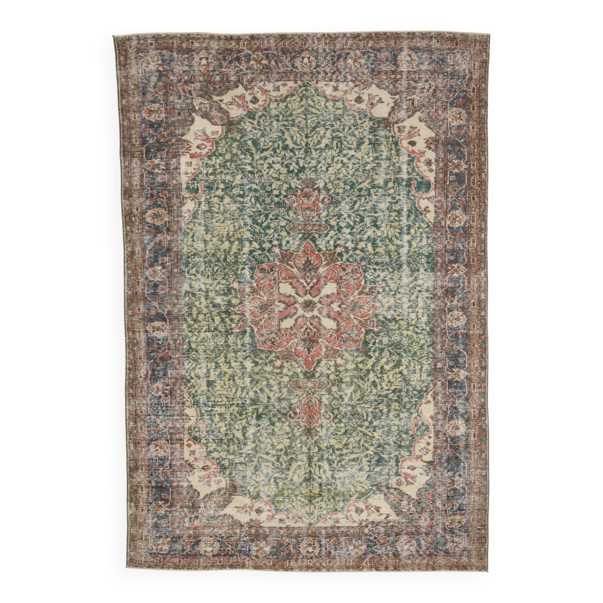 Green Beige Medallion vintage turkish Rug, hand made vintage carpet