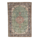Tapis vintage turc fait main à décor de médaillon vert et beige