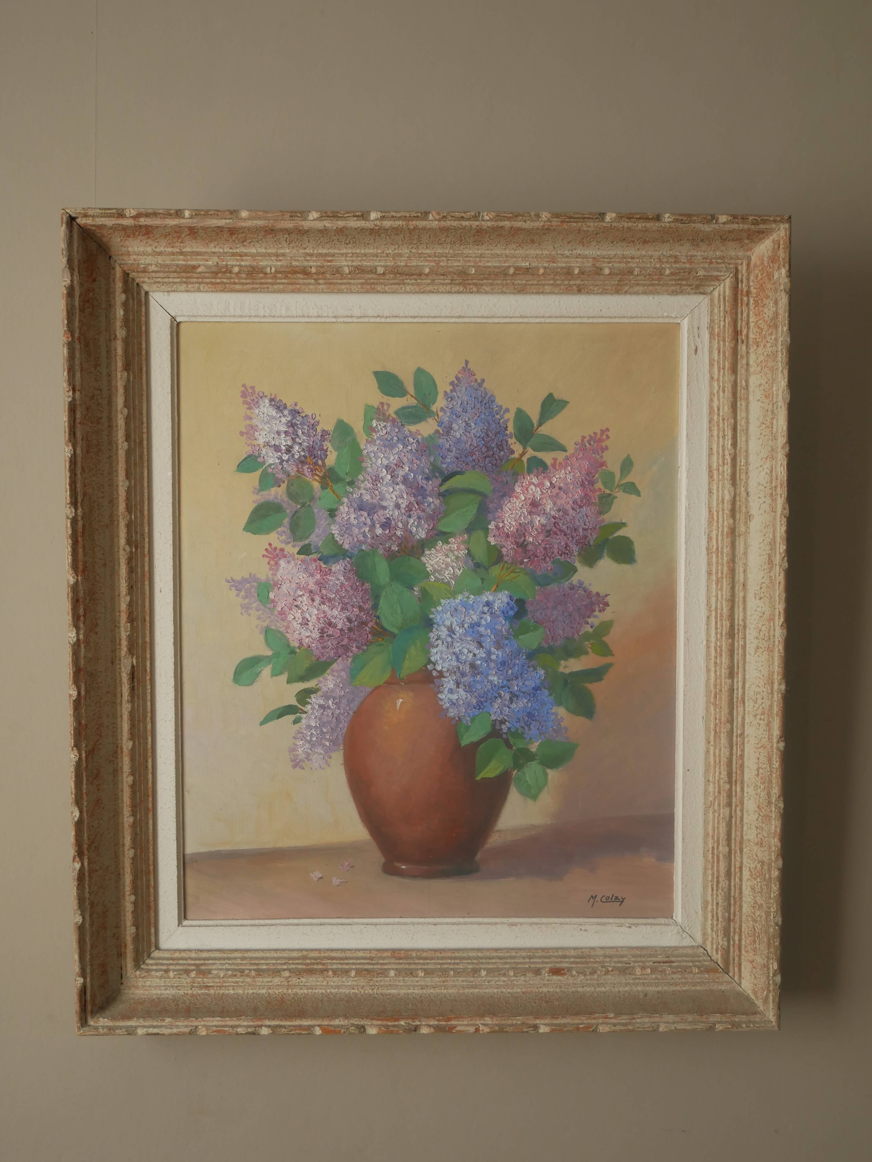 Painting acrylic painting on canvas bouquet lilac flowers decoration countryside old still life