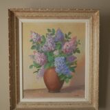 Painting acrylic painting on canvas bouquet lilac flowers decoration countryside old still life