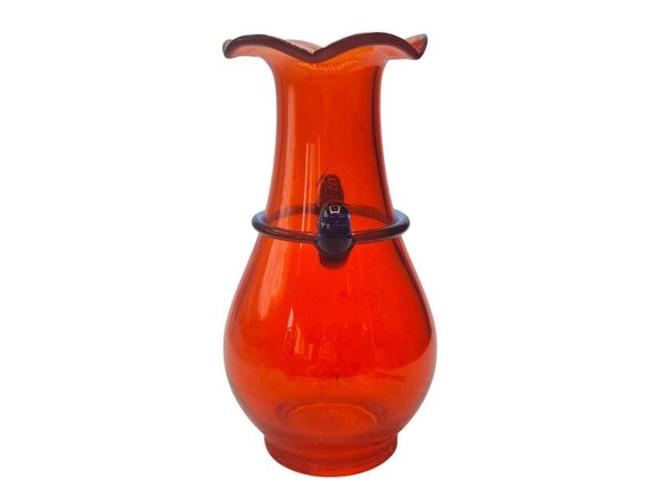 Vase vintage en verre soufflé à la main de Murano – Rouge avec anses bleues