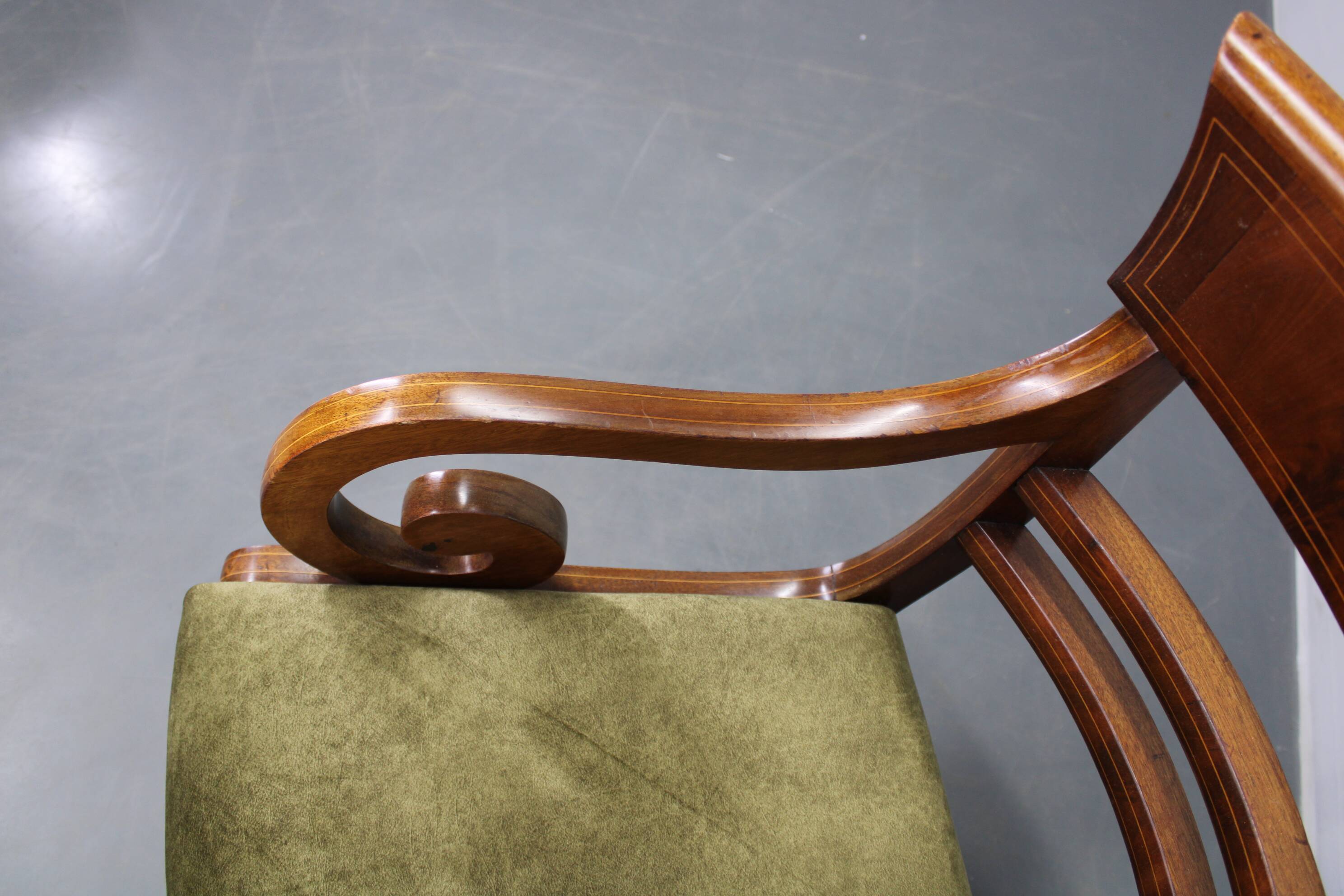 French Art Deco walnut dining chair set with armchairs, France 1930s