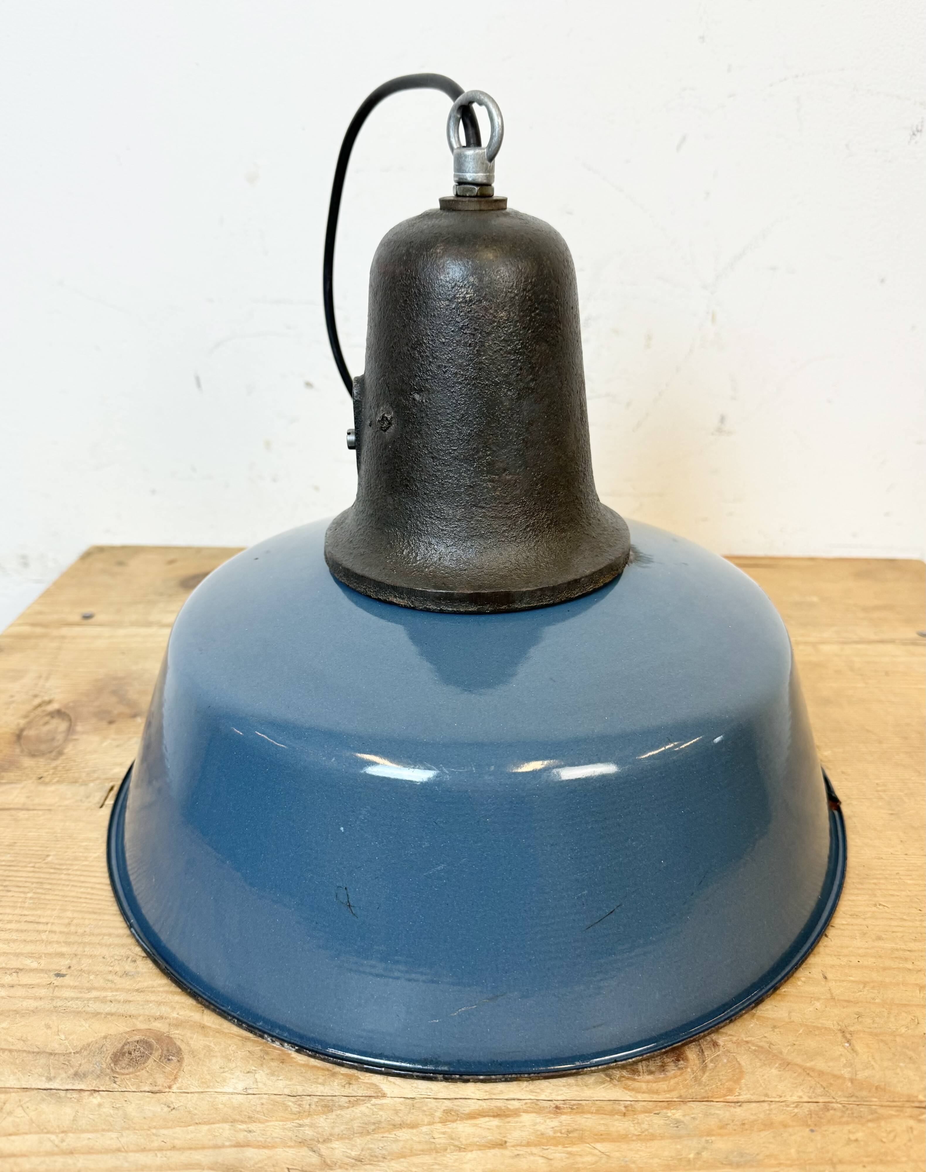 Industrial Blue Enamel Factory Lamp with Cast Iron Top, 1960s