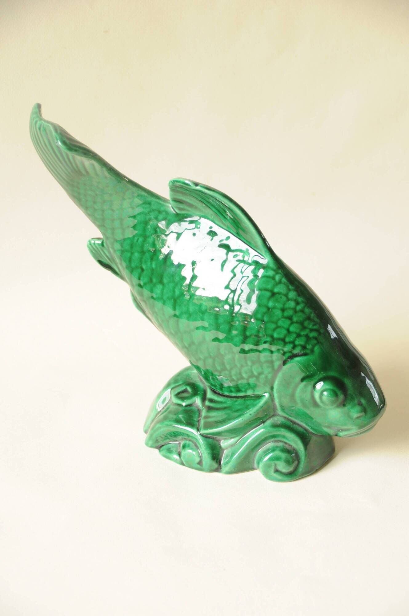 Vintage Green Decorative Fish Sculpture Art Deco Saint Clément Ceramic