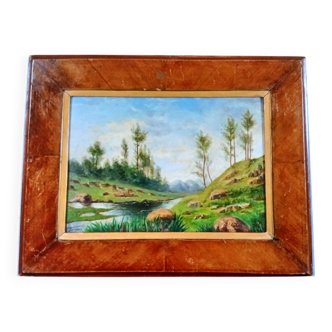 ​Tableau Ancien "Bord de Rivière" - Huile sur Toile 1900 Encadrée - Ca