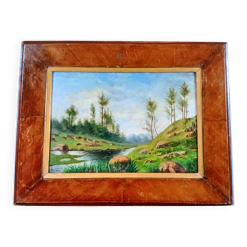 ​Tableau Ancien "Bord de Rivière" - Huile sur Toile 1900 Encadrée - Ca