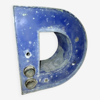Old Industrial Letter in Blue Sheet Metal Illuminated Commerce Sign "D"