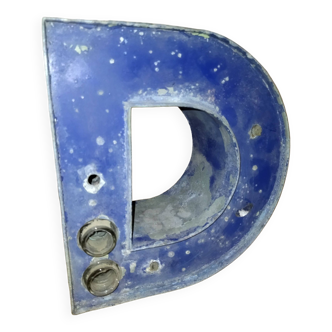 Old Industrial Letter in Blue Sheet Metal Illuminated Commerce Sign "D"