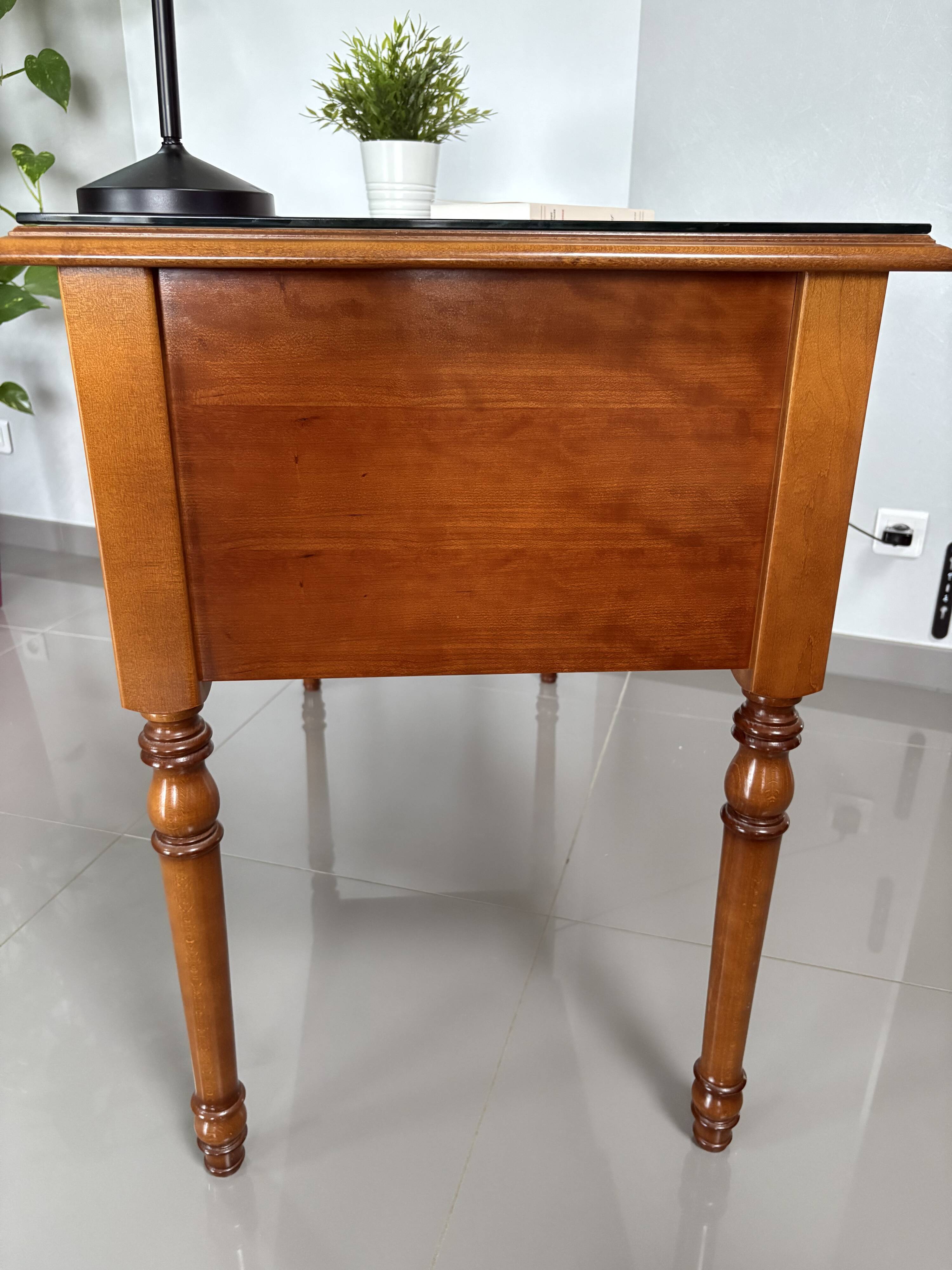 Vintage desk in solid beech stained cherry with glass top