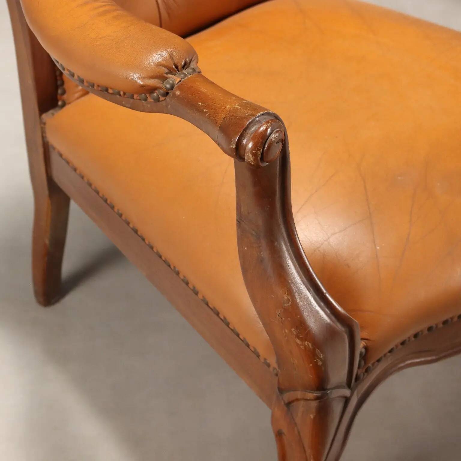 Antique walnut and leather armchairs, Italy, 20th century