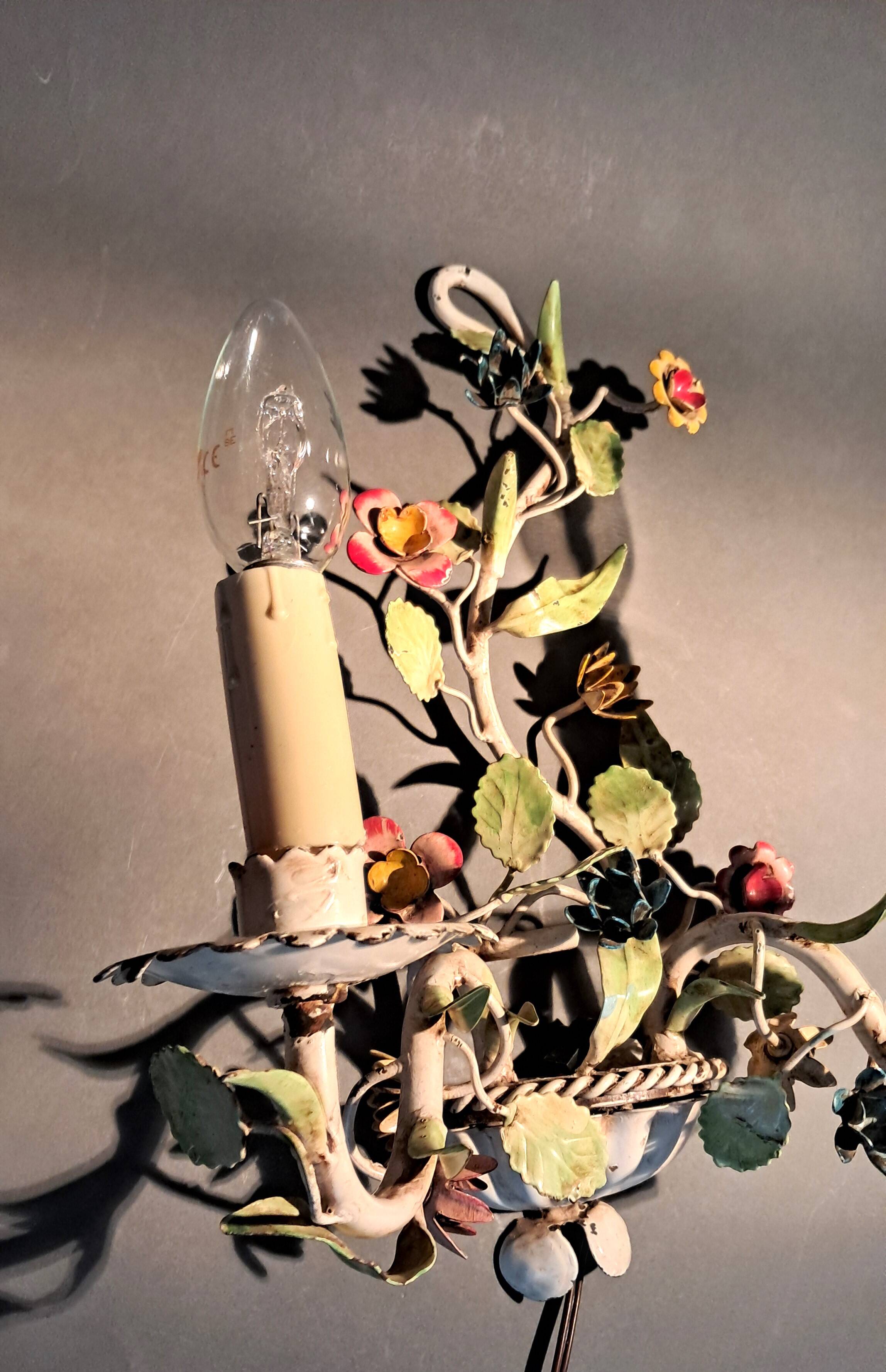 Two-light polychrome painted wrought iron wall lights, Italy 1950/1960.