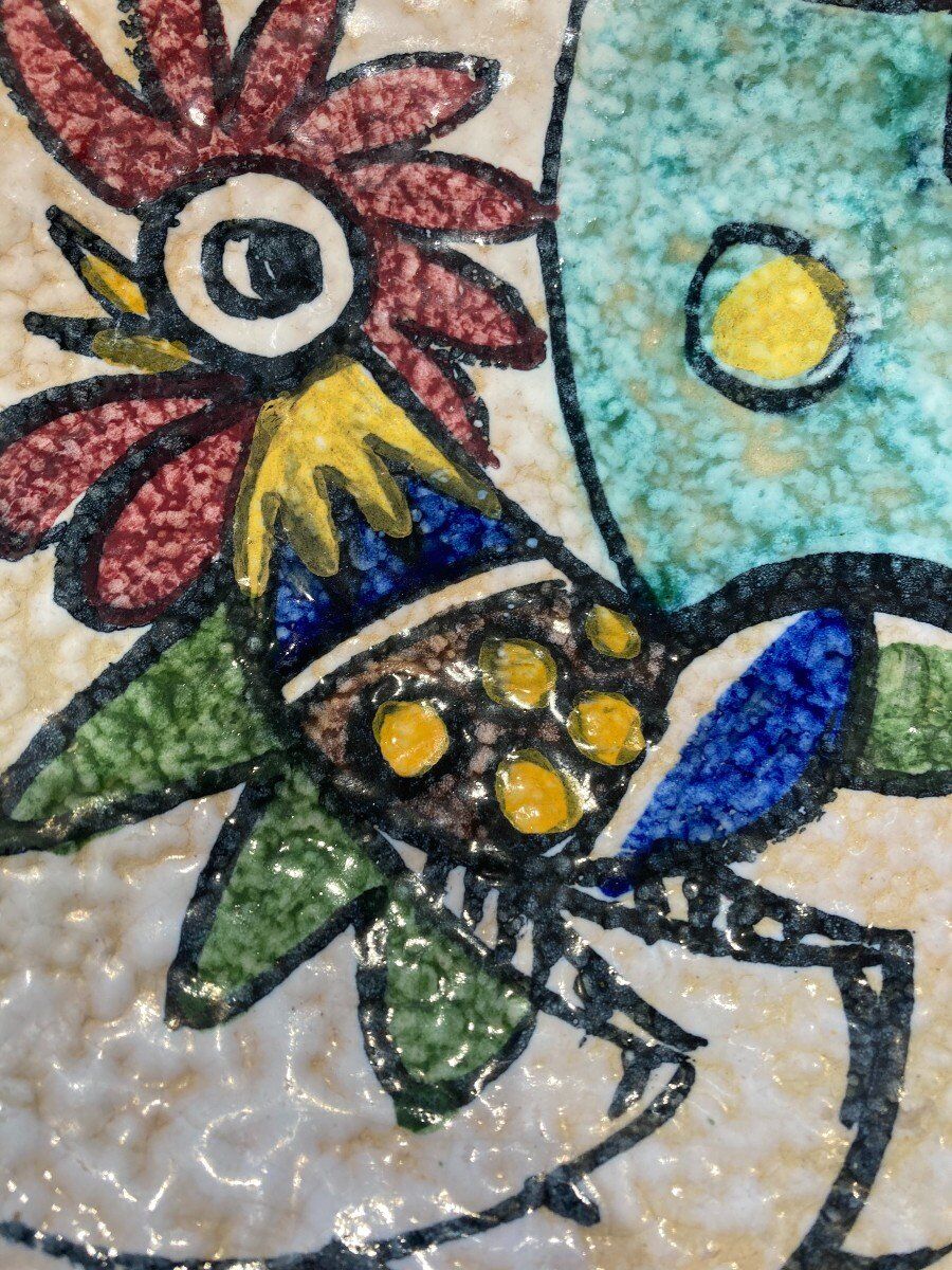 Plate polychrome rooster decoration toledo 1950s