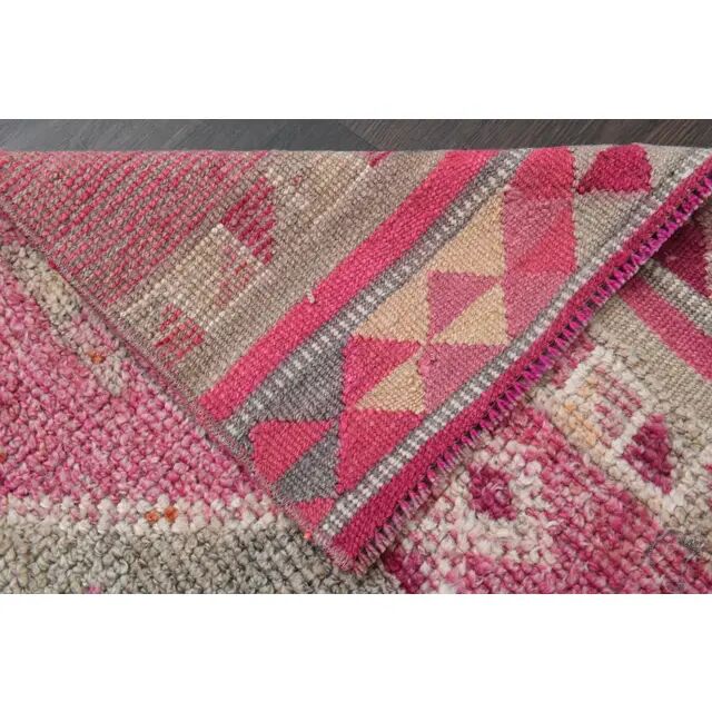 Vintage Turkish Oushak handmade wool cotton pink runner rug 85x370