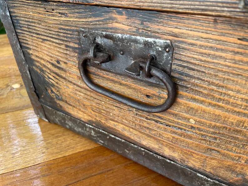 Antique French Wood Iron and Hide Handmade Wood Chest or Trunk