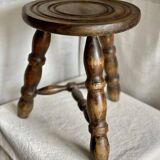 Vintage 1950-60s turned wood tripod stool with crossbar