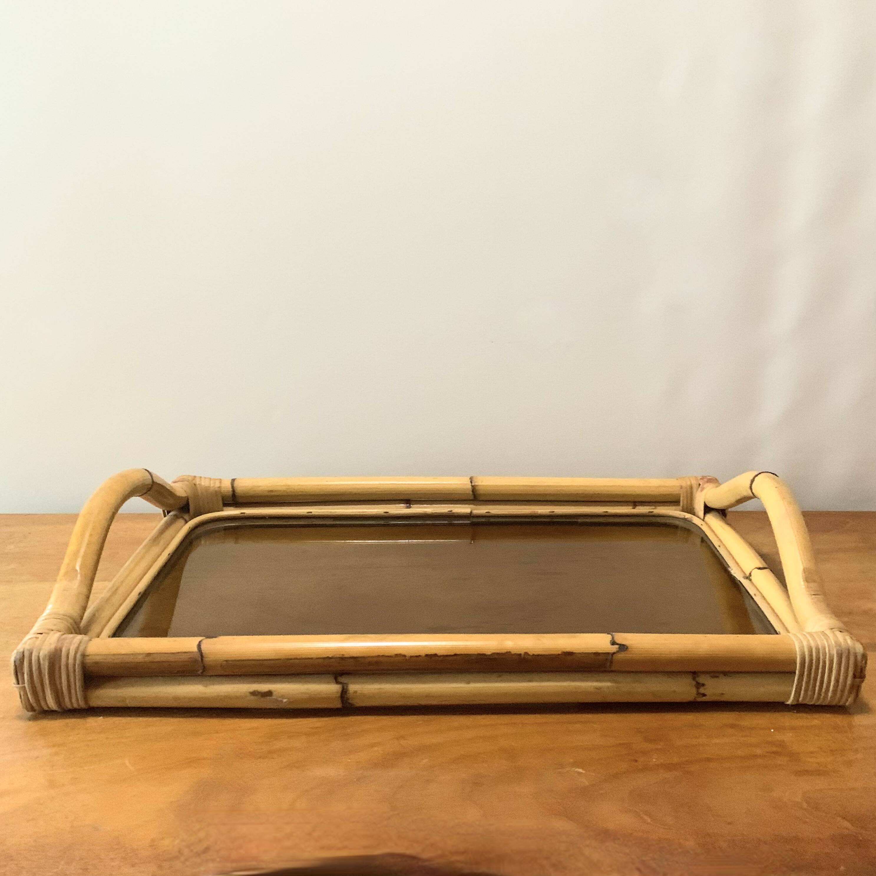 Large vintage tray in bamboo and smoked glass