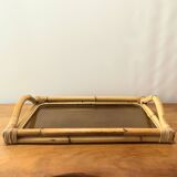 Large vintage tray in bamboo and smoked glass