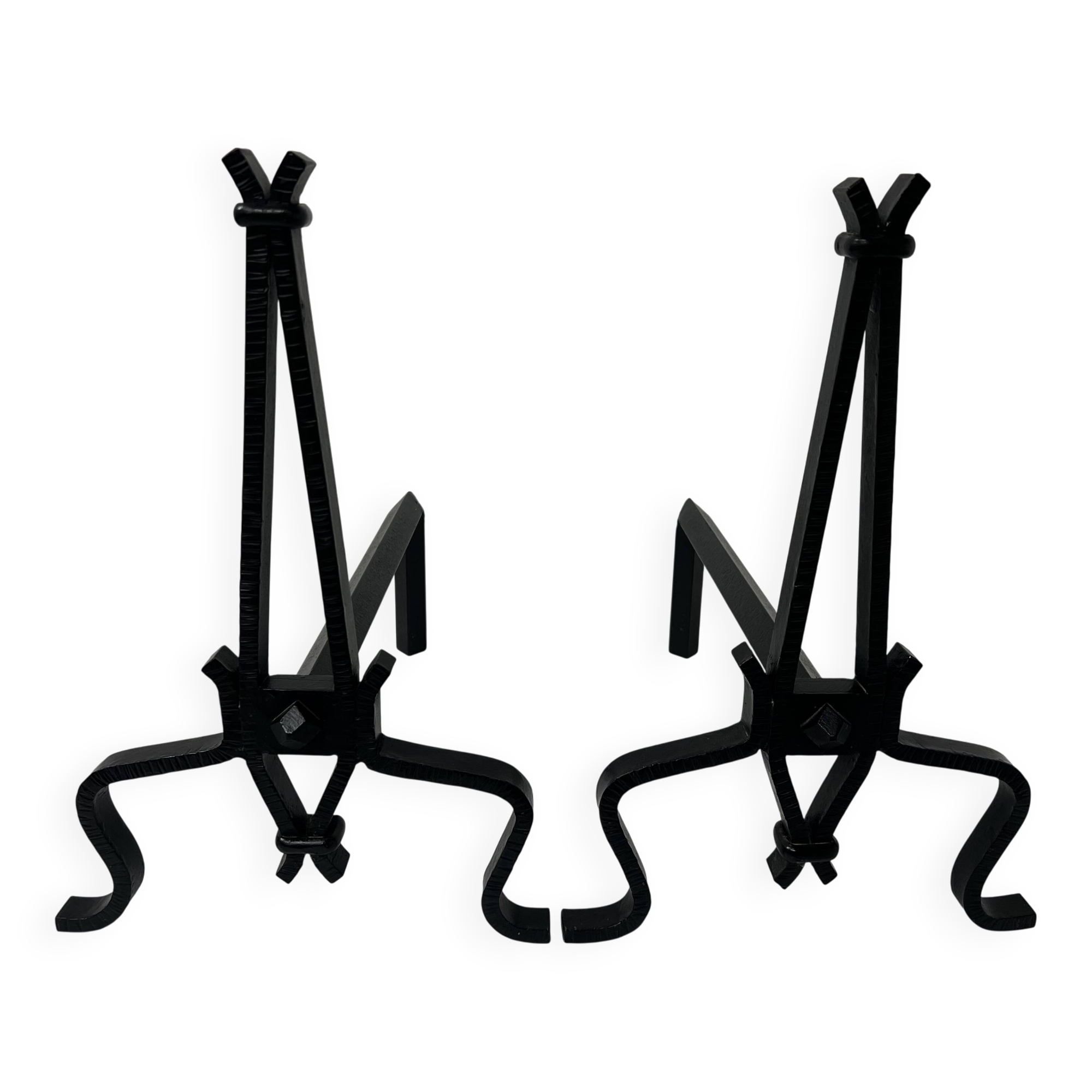 Pair of wrought and hammered iron bedside tables, 20th century