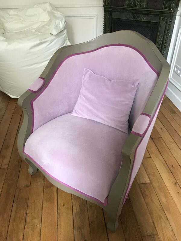 Fauteuil bergère style Louis XV velours rose