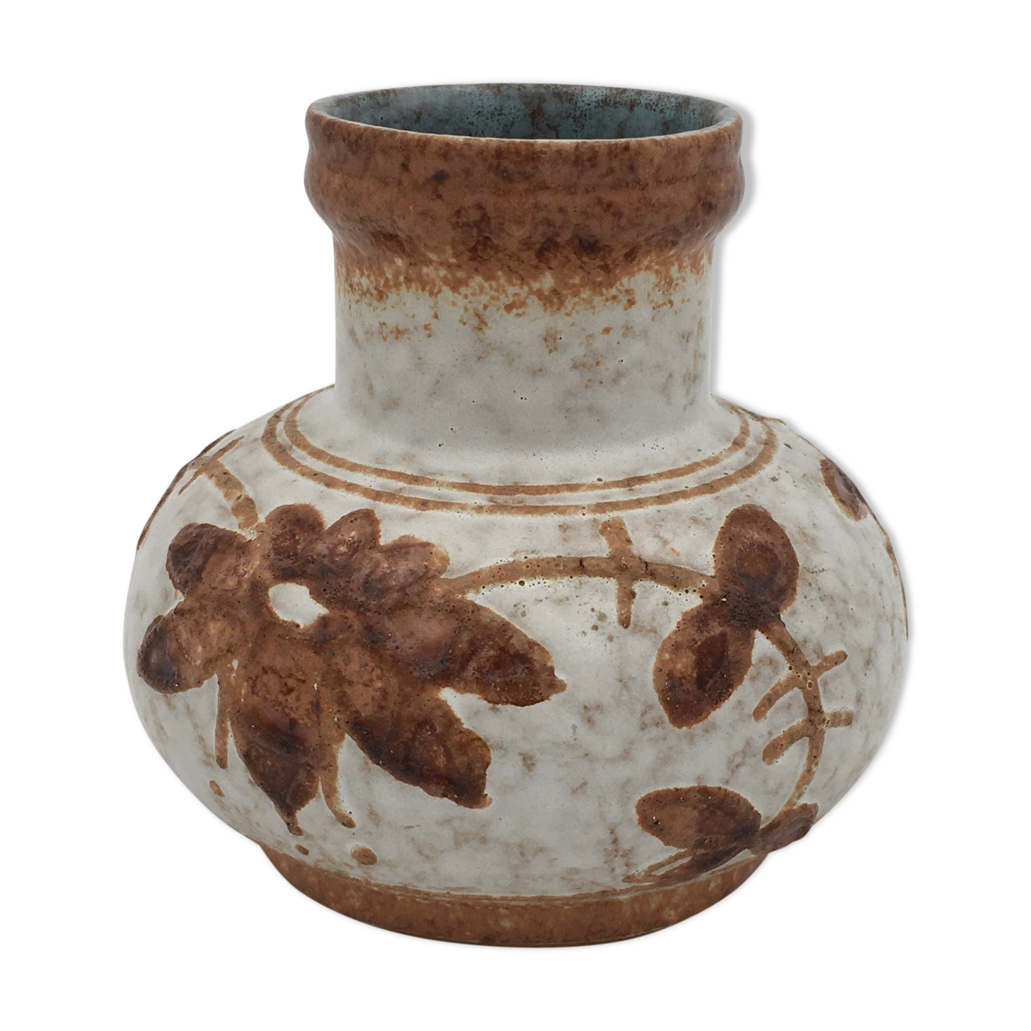 Vintage glazed ceramic vase, floral pattern, brown, beige - 1970s
