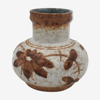 Vase vintage en céramique émaillée, à motif floral, brun, beige - années 1970