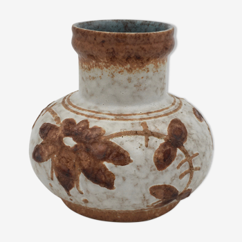 Vintage enamelled ceramic vase, floral, brown, beige - 1970s
