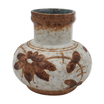 Vase vintage en céramique émaillée, à motif floral, brun, beige - années 1970