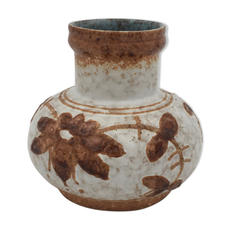 Vintage enamelled ceramic vase, floral, brown, beige - 1970s