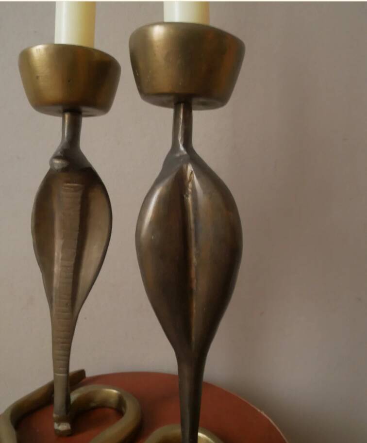 Pair of bronze cobra candlesticks, tribal ethnic decorative object, handcrafted