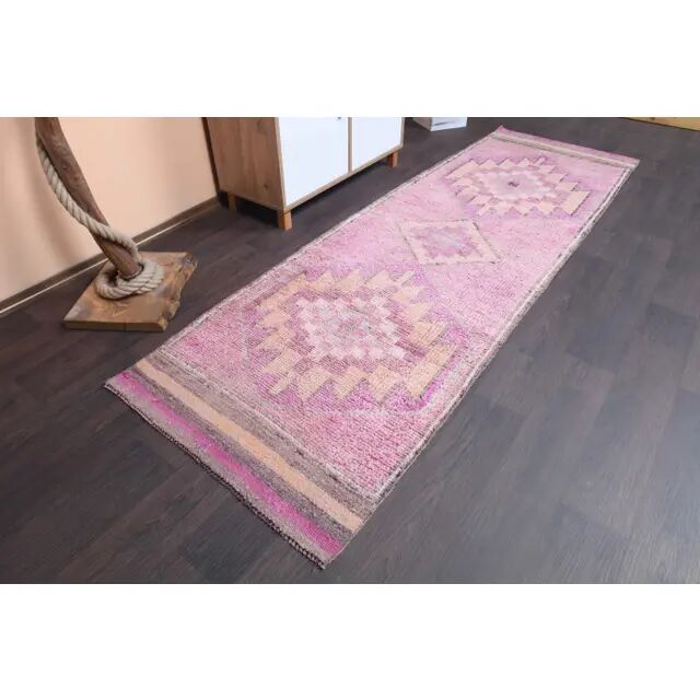 Vintage Turkish Hand-Knotted Wool Cotton Pink Runner Rug 91x288