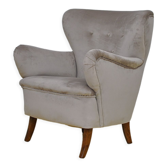 Swedish Velvet Wingback Armchair, 1950s