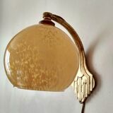 Art deco sconce, golden brass and yellow speckled Clichy glass globe