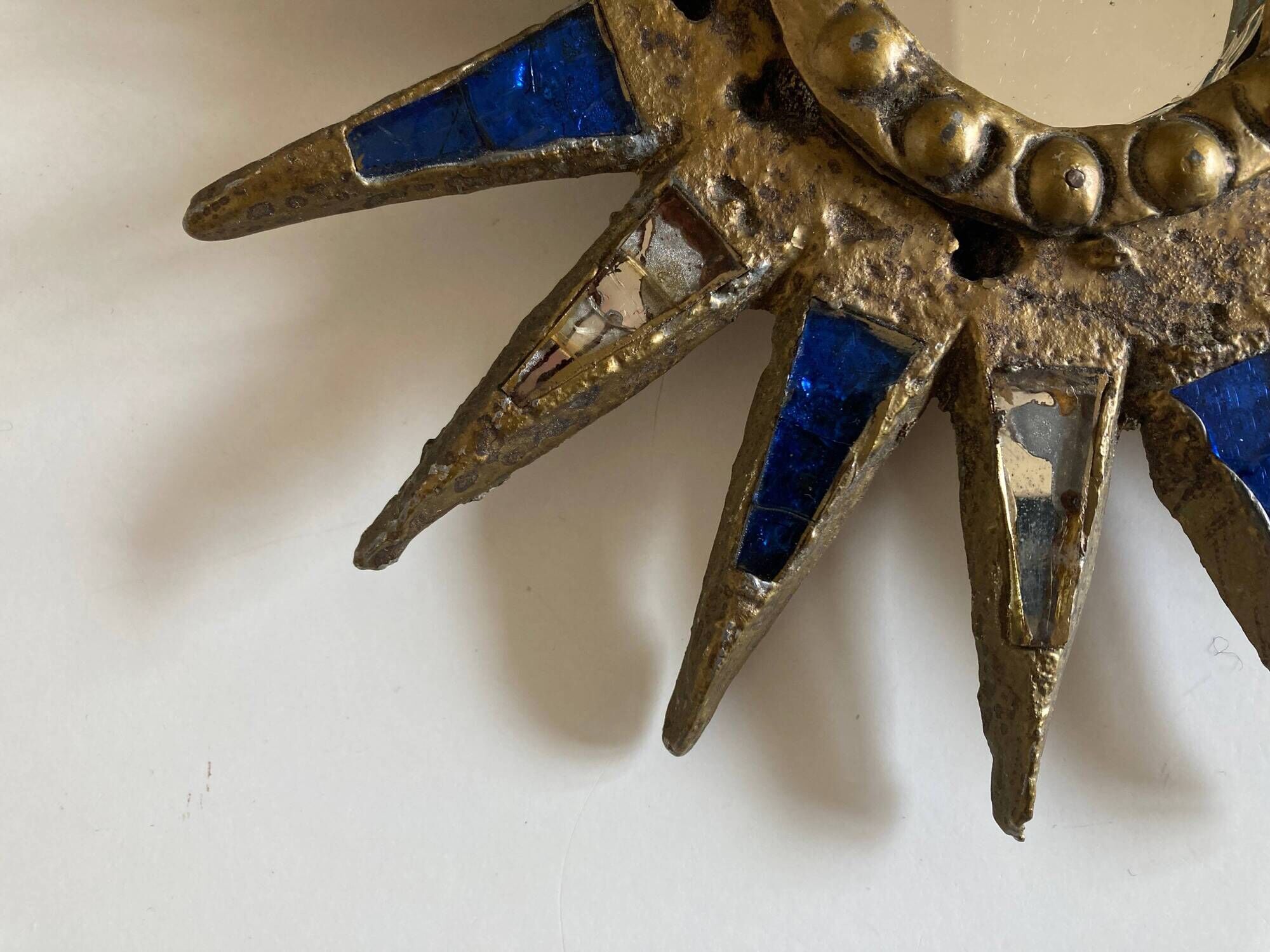 Sun mirror in gilded lead and blue glass Irena Jaworska 1960