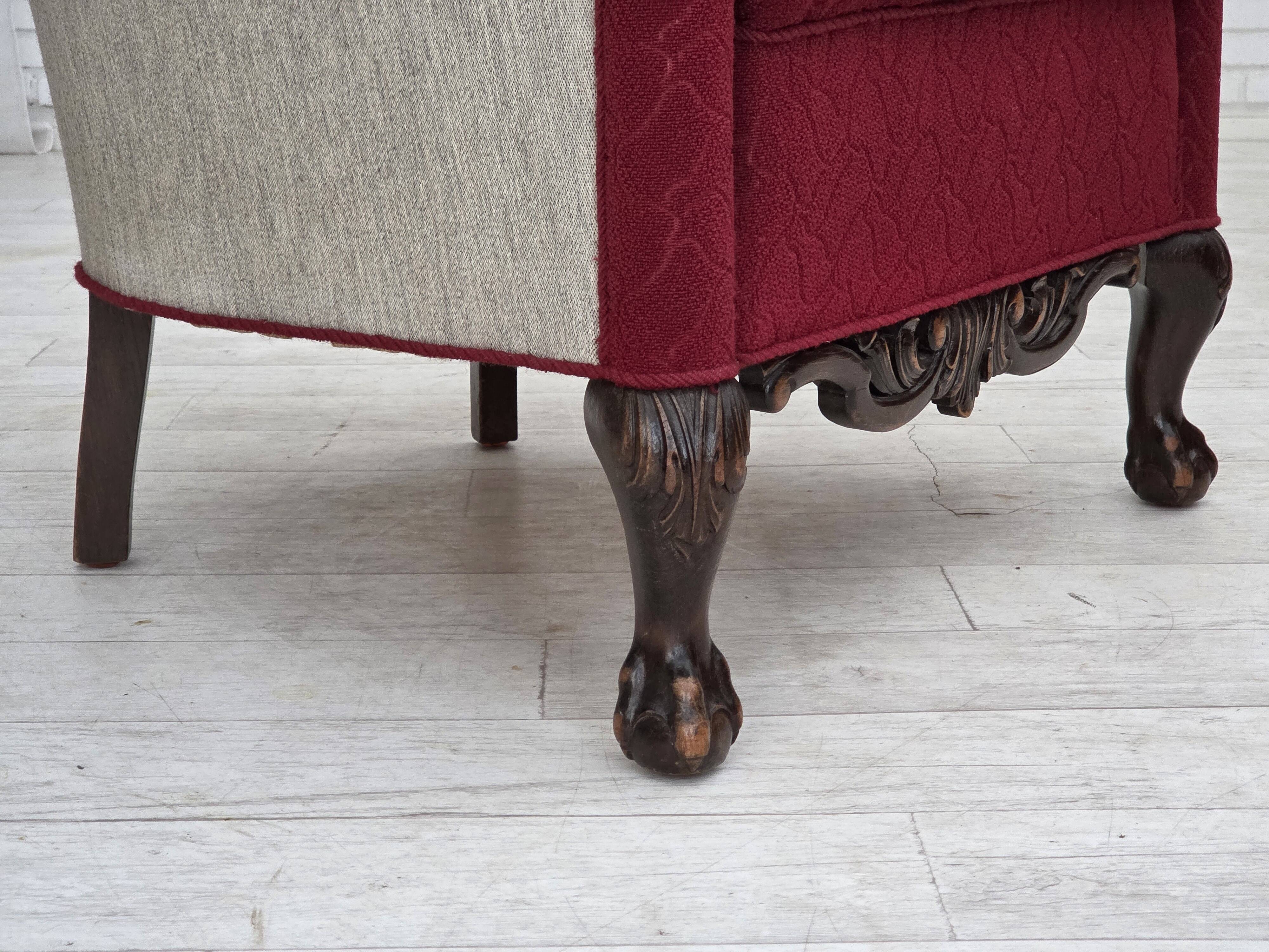 1950s, Danish armchair, red and light grey furniture wool, carved oak wood.
