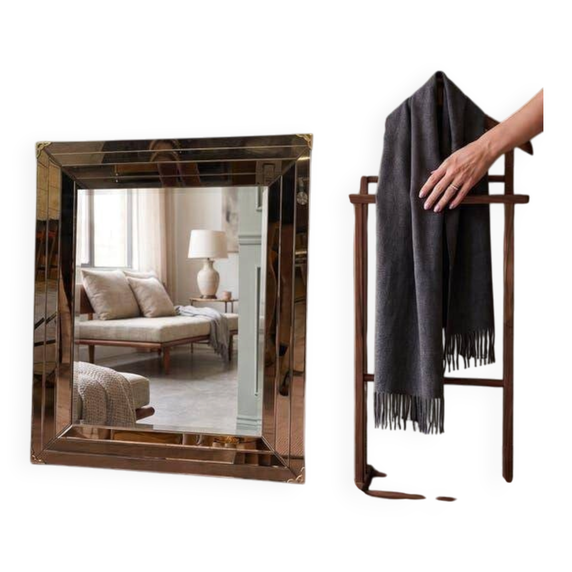Vintage gold wall mirror with a smoked mirror border.