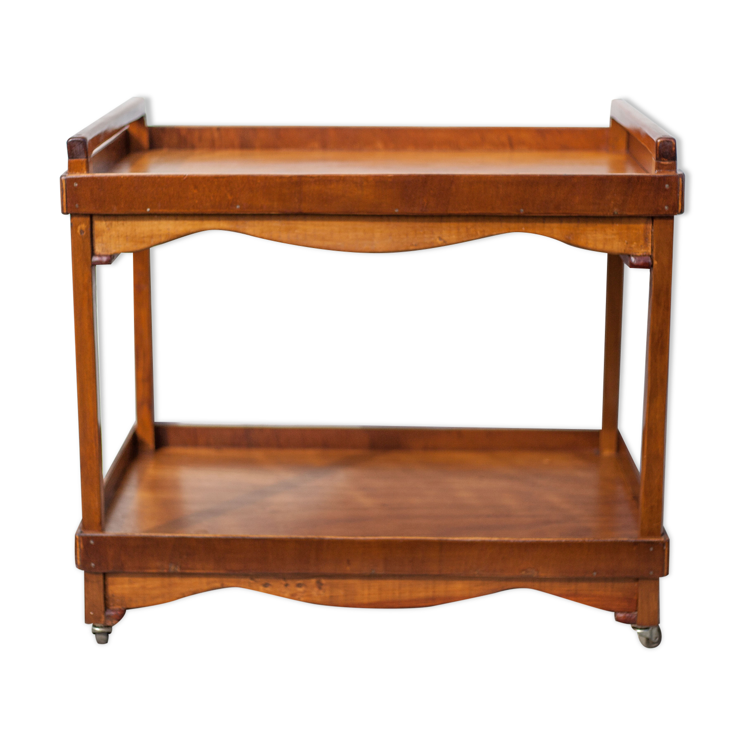 Wooden service with wheels, rolling trolley, rolling bar, wooden lounge furniture, vintage