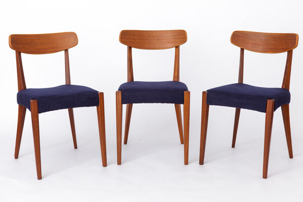 Ensemble de 3 chaises en teck danois des années 1960, chaises de salle à manger vintage du milieu du siècle, foncées.