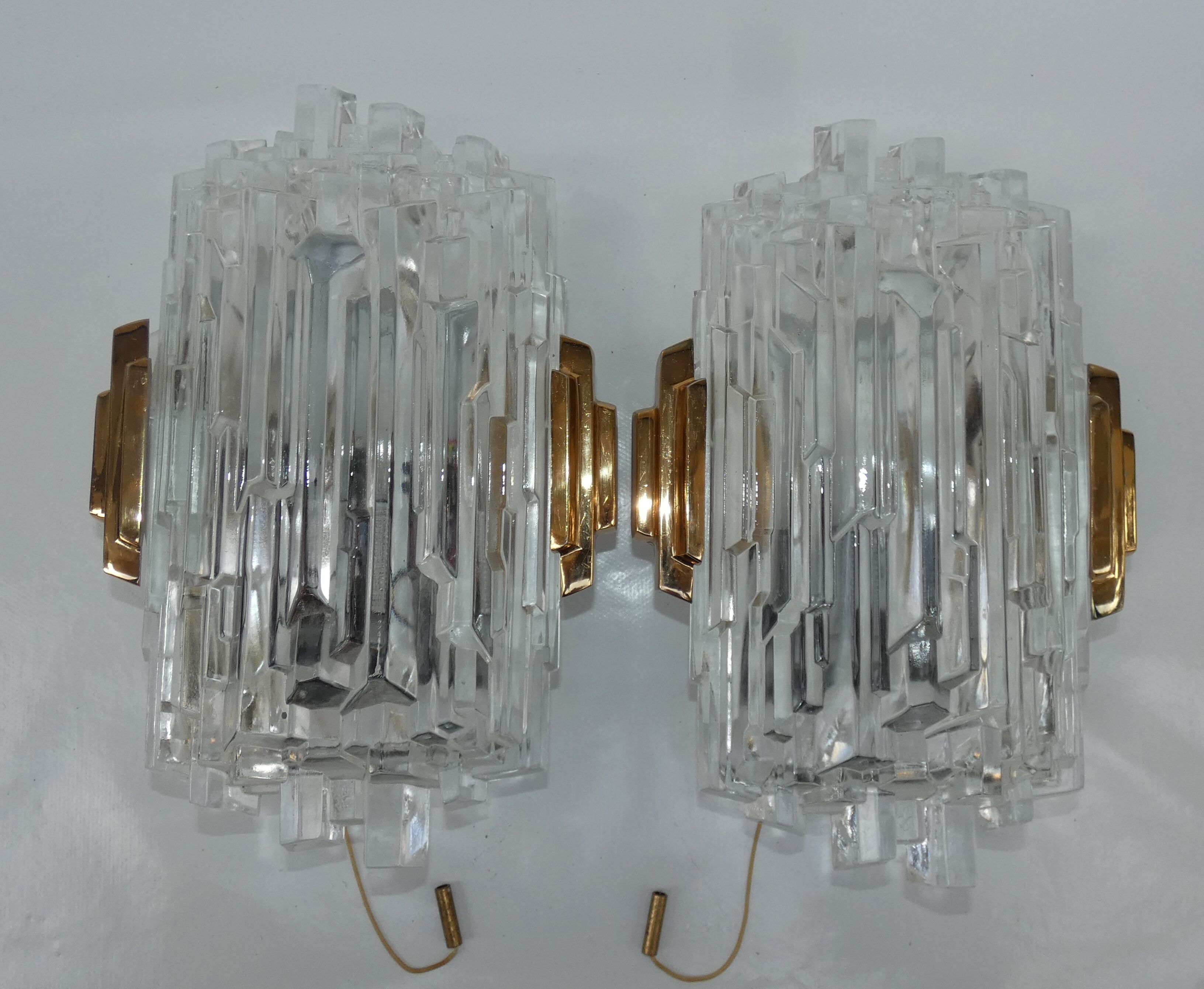 Pair of Wall Sconces Hillebrand Brass Glass Ice Cube Skycraper circa 1970
