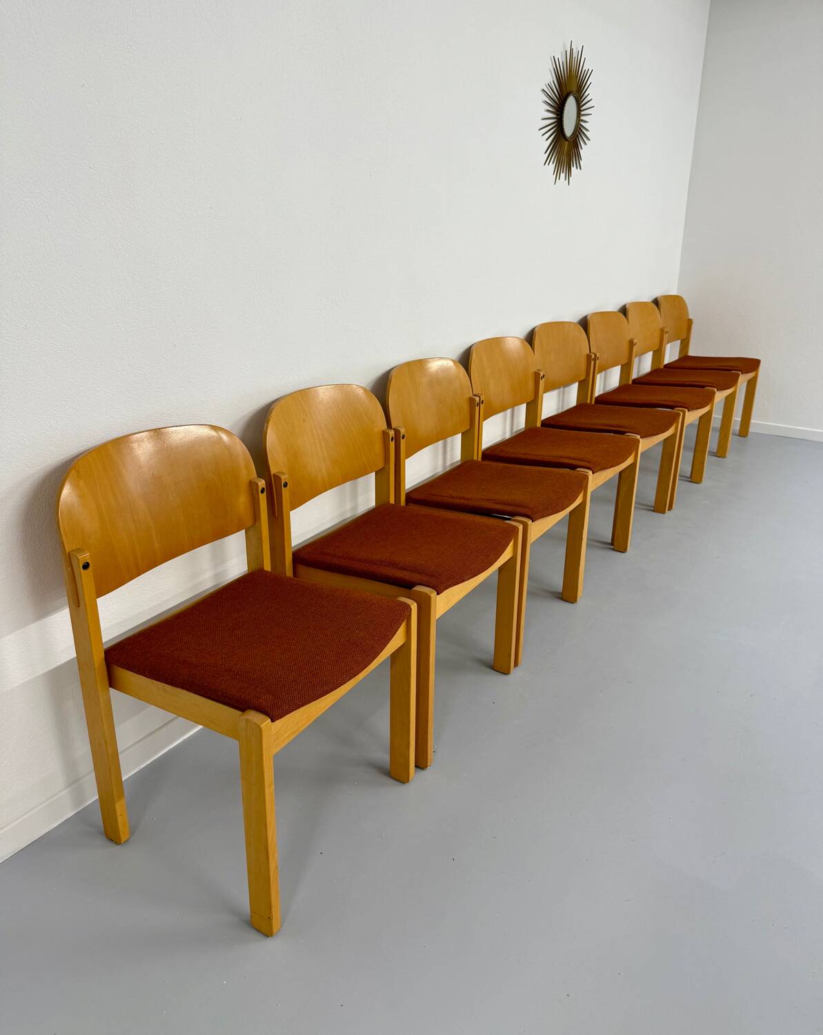 Lot of 8 old Scandinavian design wooden chairs from the 80s vintage