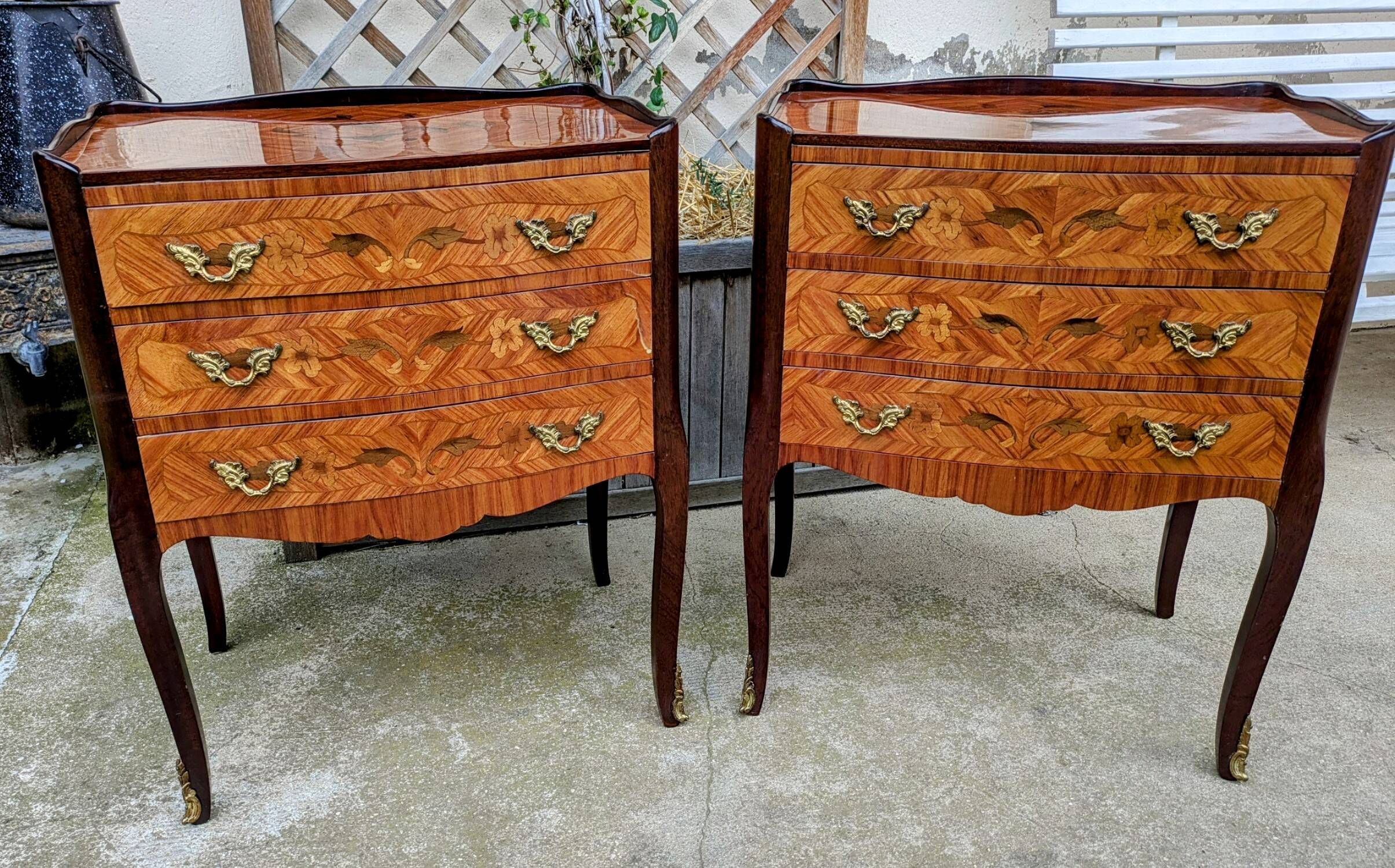 Old pair of large bedside tables in rosewood marquetry Louis XV Style