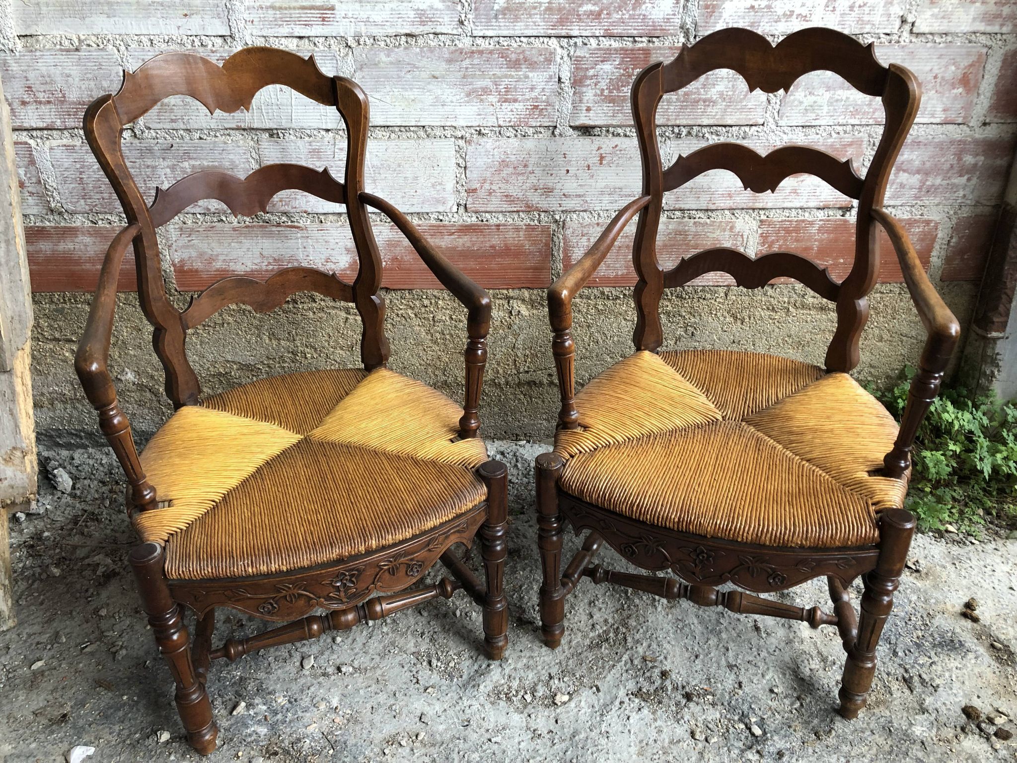Pair Old Armchair Needle Wood Carved & Seat Paillé + Vintage Fabric Cover
